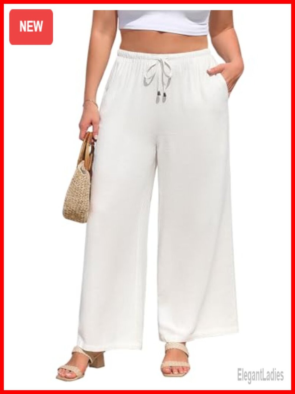 Plus Size Linen Wide Leg Pants - Elastic High Waist Flowy Palazzo Trousers with